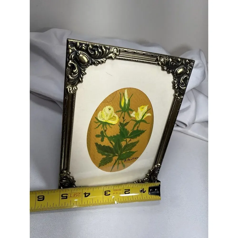 VTG Gold Metal Picture Floral Theme Foldable Frame W/ Signed Flower Watercolor